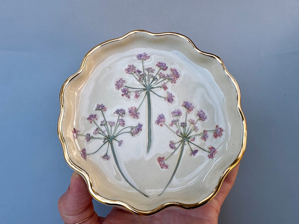 Fairy Garden Flowers Jewelry Holder, Ceramic Dish with Gold Accent