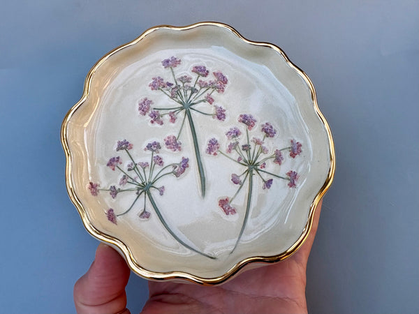Fairy Garden Flowers Jewelry Holder, Ceramic Dish with Gold Accent