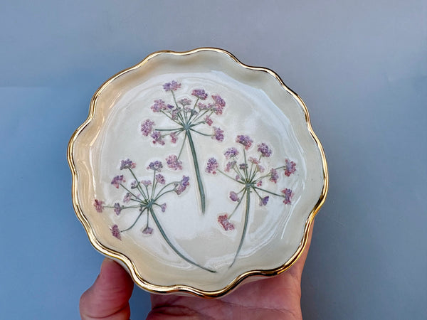 Fairy Garden Flowers Jewelry Holder, Ceramic Dish with Gold Accent