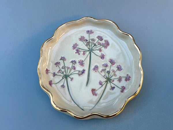 Fairy Garden Flowers Jewelry Holder, Ceramic Dish with Gold Accent