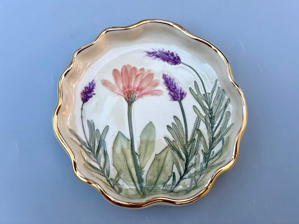 Pink Daisy and Lavender Jewelry Holder, Ceramic Dish with Gold Accent