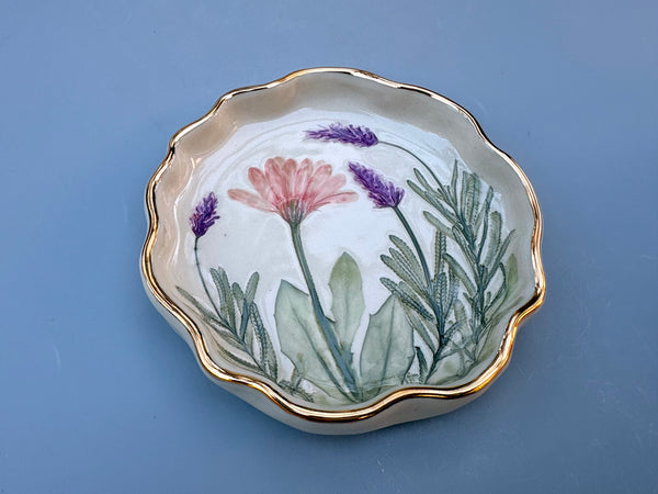 Pink Daisy and Lavender Jewelry Holder, Ceramic Dish with Gold Accent