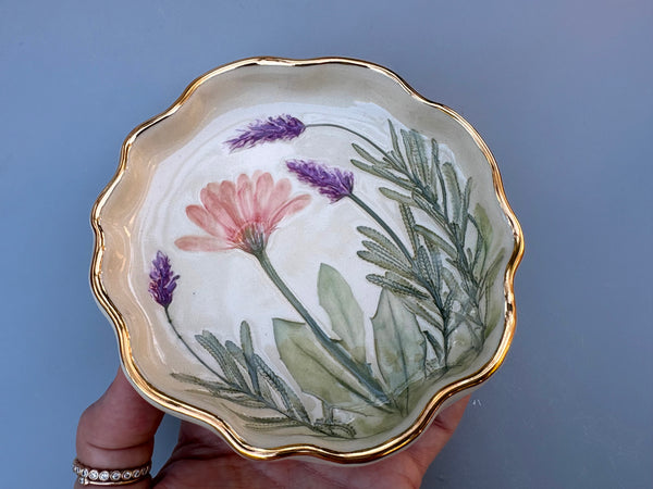 Pink Daisy and Lavender Jewelry Holder, Ceramic Dish with Gold Accent