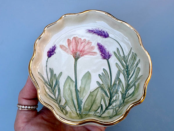 Pink Daisy and Lavender Jewelry Holder, Ceramic Dish with Gold Accent