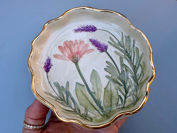 Pink Daisy and Lavender Jewelry Holder, Ceramic Dish with Gold Accent