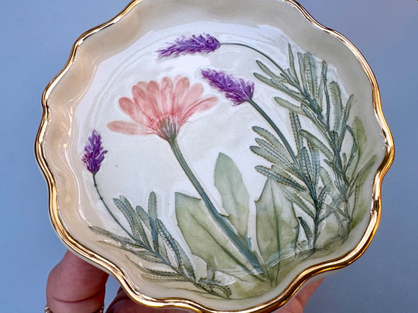 Pink Daisy and Lavender Jewelry Holder, Ceramic Dish with Gold Accent