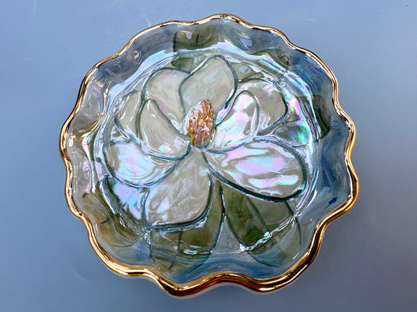 White Magnolia Flower Jewelry Holder, Ceramic Dish with Gold Accent