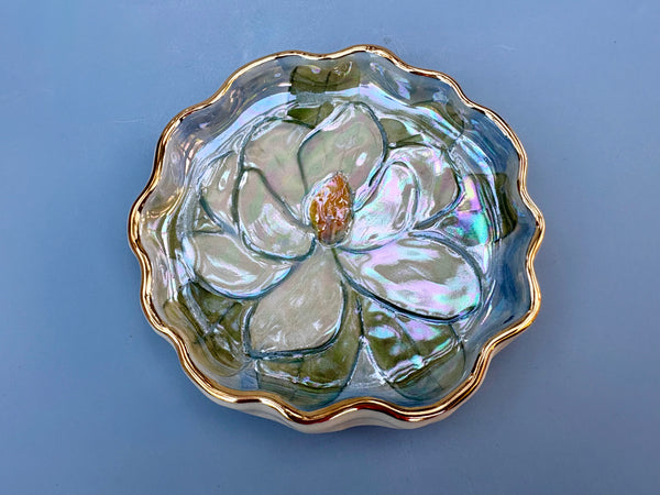 White Magnolia Flower Jewelry Holder, Ceramic Dish with Gold Accent