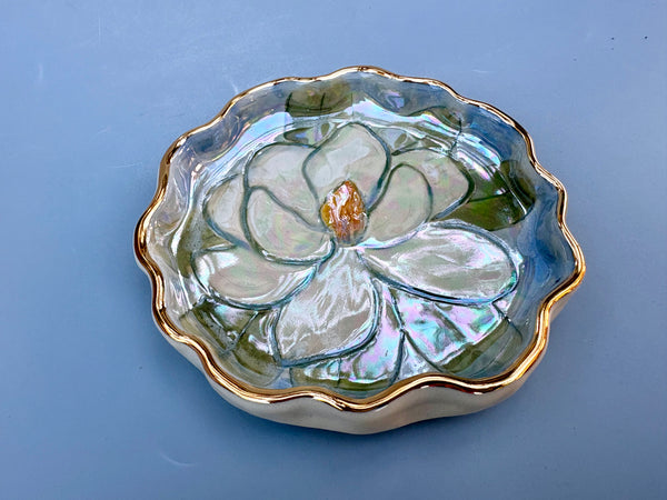 White Magnolia Flower Jewelry Holder, Ceramic Dish with Gold Accent