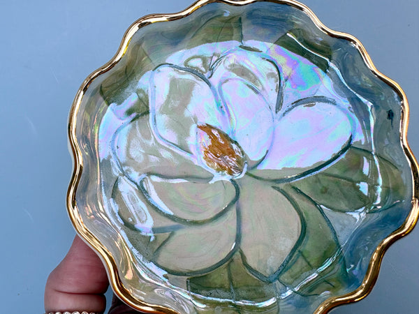 White Magnolia Flower Jewelry Holder, Ceramic Dish with Gold Accent