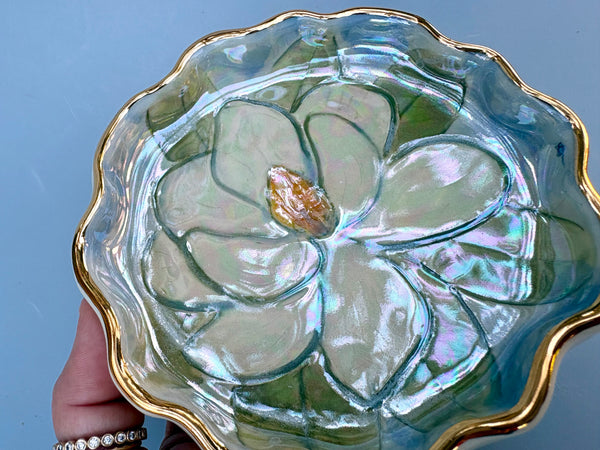 White Magnolia Flower Jewelry Holder, Ceramic Dish with Gold Accent
