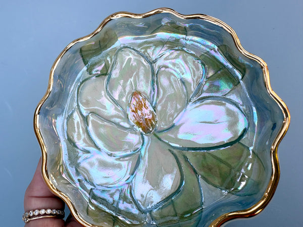White Magnolia Flower Jewelry Holder, Ceramic Dish with Gold Accent