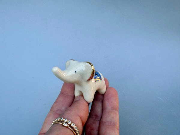 Tiny Guardian: Baby Elephant Figurine with BLUE blanket, Ceramic Sculpture