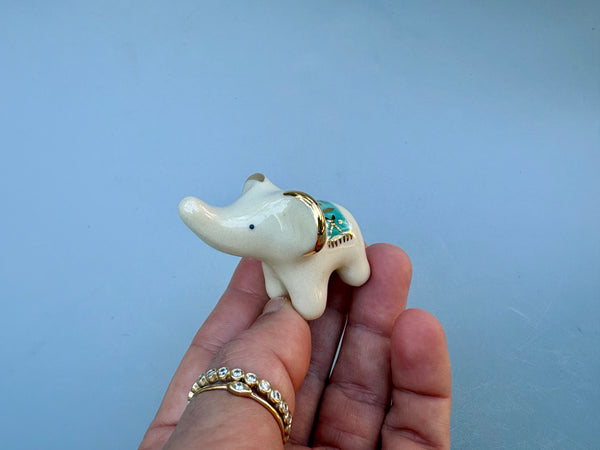 Tiny Guardian: Baby Elephant Figurine with TURQUOISE blanket, Ceramic Sculpture