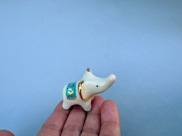 Tiny Guardian: Baby Elephant Figurine with TURQUOISE blanket, Ceramic Sculpture