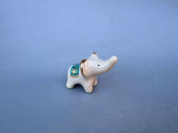 Tiny Guardian: Baby Elephant Figurine with TURQUOISE blanket, Ceramic Sculpture