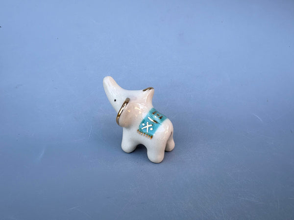 Tiny Guardian: Baby Elephant Figurine with TURQUOISE blanket, Ceramic Sculpture