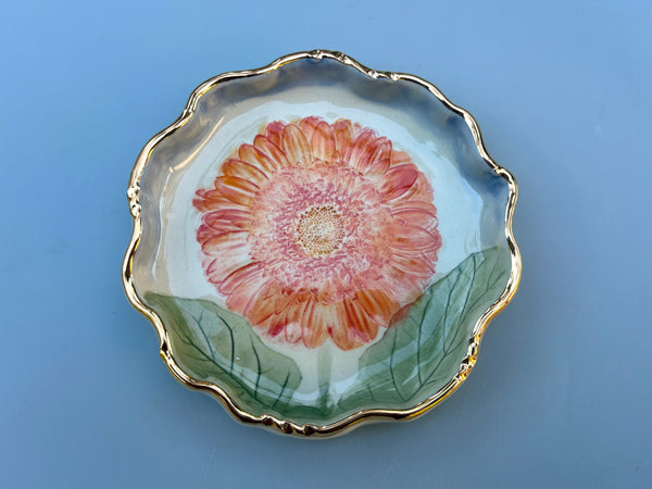 Sunburst Gerbera Daisy Jewelry Holder, Ceramic Dish with Gold Accent