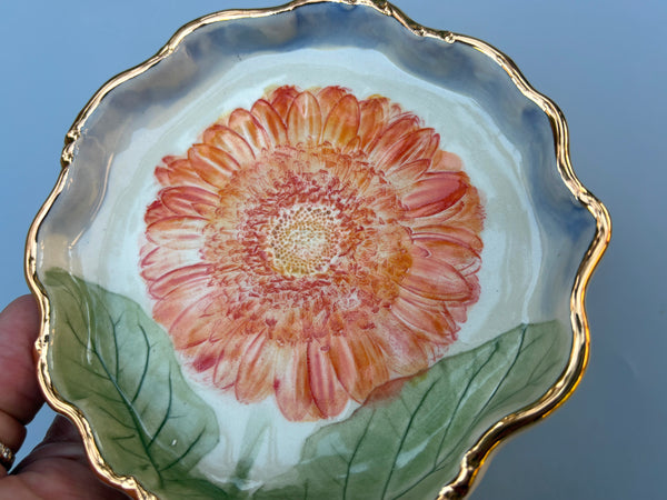 Sunburst Gerbera Daisy Jewelry Holder, Ceramic Dish with Gold Accent
