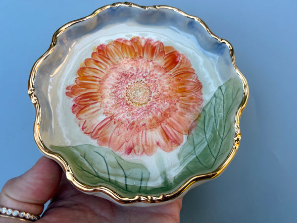 Sunburst Gerbera Daisy Jewelry Holder, Ceramic Dish with Gold Accent