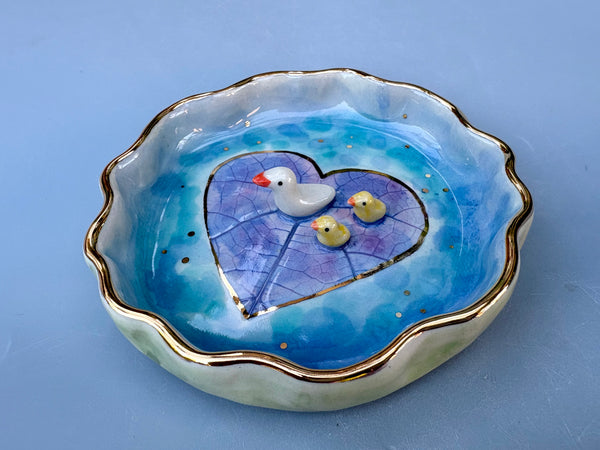 Duck and Ducklings on a Heart-Shaped Pond, Ceramic Dish with Gold Accents