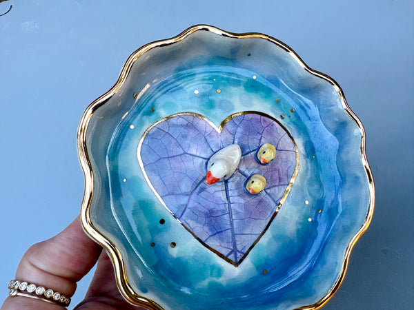 Duck and Ducklings on a Heart-Shaped Pond, Ceramic Dish with Gold Accents