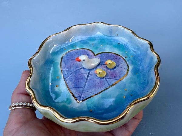 Duck and Ducklings on a Heart-Shaped Pond, Ceramic Dish with Gold Accents