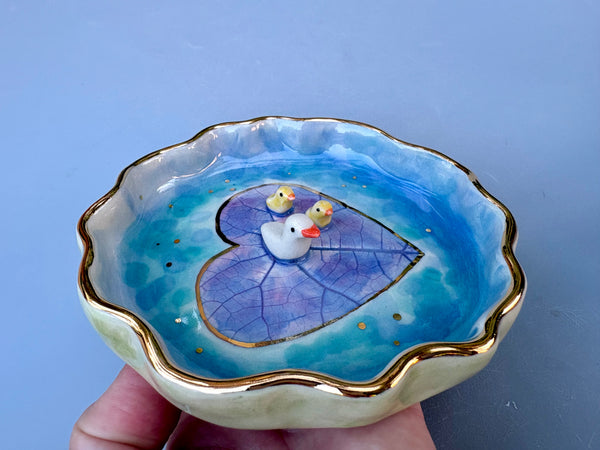 Duck and Ducklings on a Heart-Shaped Pond, Ceramic Dish with Gold Accents