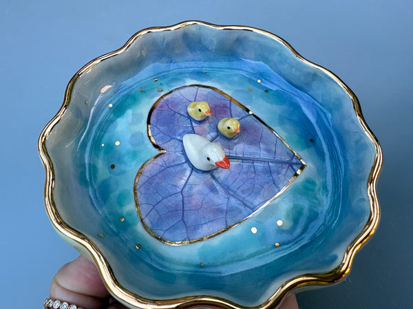 Duck and Ducklings on a Heart-Shaped Pond, Ceramic Dish with Gold Accents