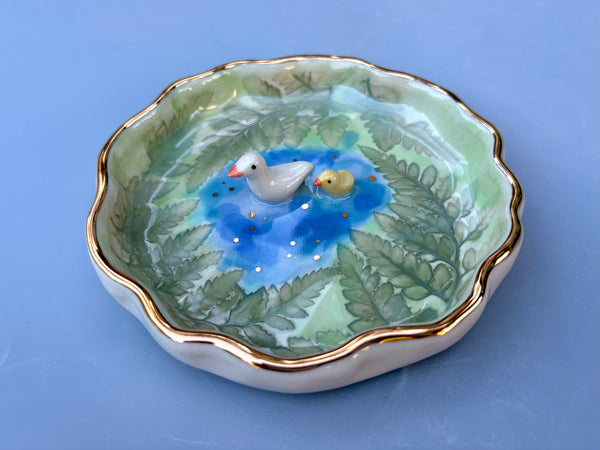 Tiny Duck and Duckling on A Sparkling Pond, Ceramic Dish with Gold Accents