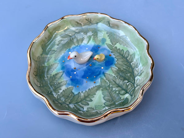 Tiny Duck and Duckling on A Sparkling Pond, Ceramic Dish with Gold Accents