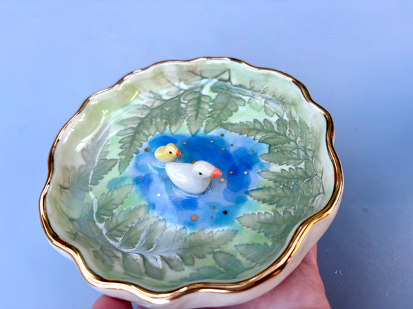 Tiny Duck and Duckling on A Sparkling Pond, Ceramic Dish with Gold Accents