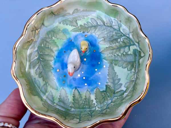 Tiny Duck and Duckling on A Sparkling Pond, Ceramic Dish with Gold Accents