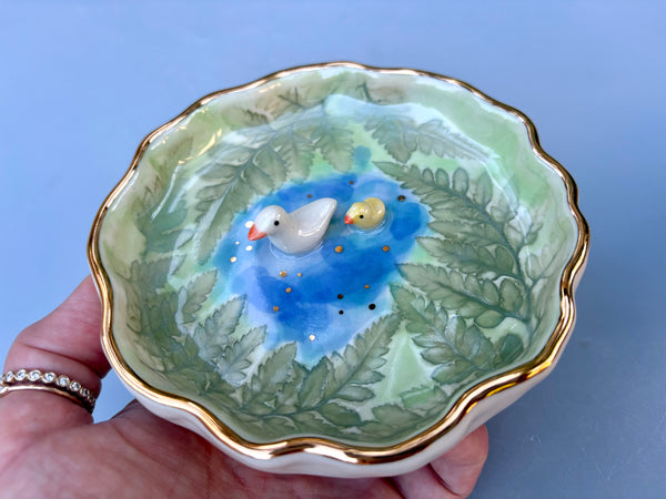 Tiny Duck and Duckling on A Sparkling Pond, Ceramic Dish with Gold Accents