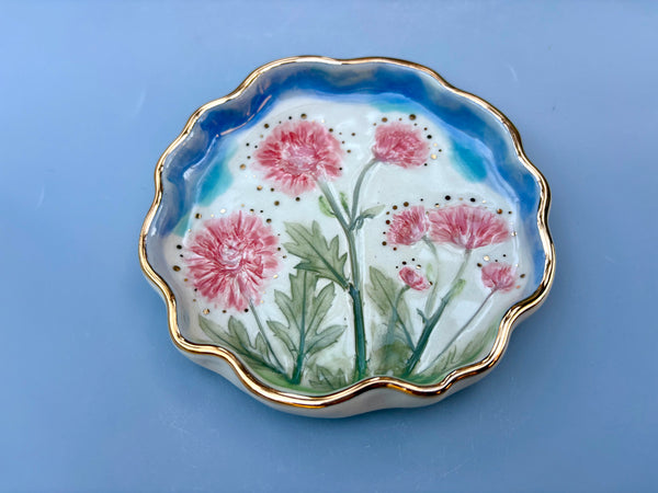 Pink Mums Jewelry Dish, Ceramic with Gold Accents