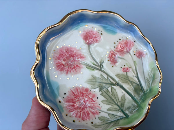 Pink Mums Jewelry Dish, Ceramic with Gold Accents