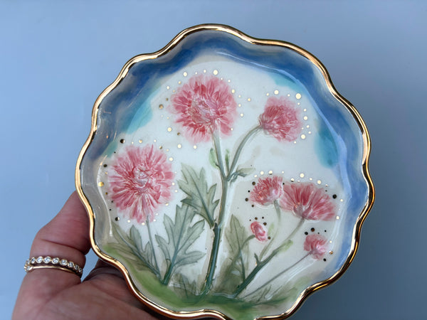 Pink Mums Jewelry Dish, Ceramic with Gold Accents