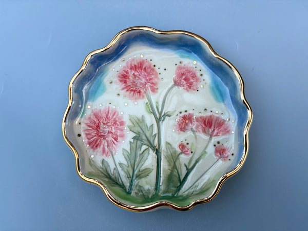 Pink Mums Jewelry Dish, Ceramic with Gold Accents