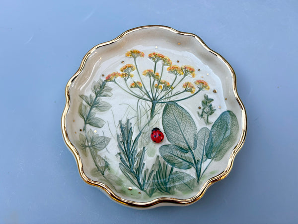 Ladybug with Herb Garden Jewelry Holder, Ceramic Dish with Gold Accents