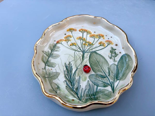 Ladybug with Herb Garden Jewelry Holder, Ceramic Dish with Gold Accents