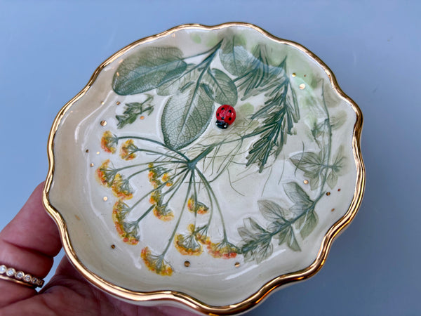 Ladybug with Herb Garden Jewelry Holder, Ceramic Dish with Gold Accents