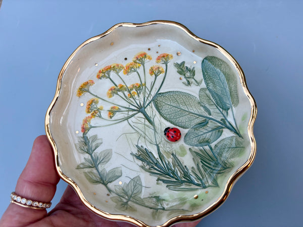 Ladybug with Herb Garden Jewelry Holder, Ceramic Dish with Gold Accents