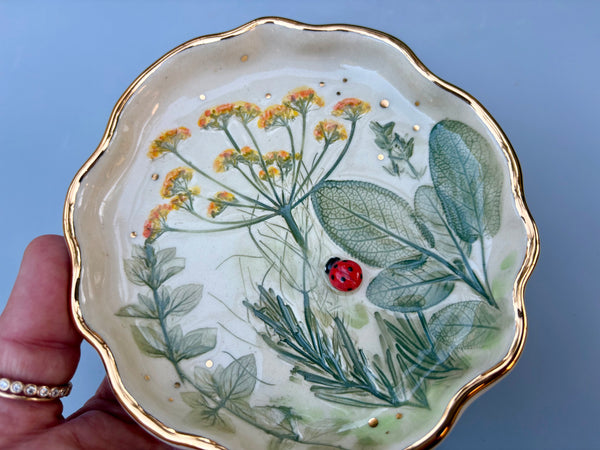 Ladybug with Herb Garden Jewelry Holder, Ceramic Dish with Gold Accents