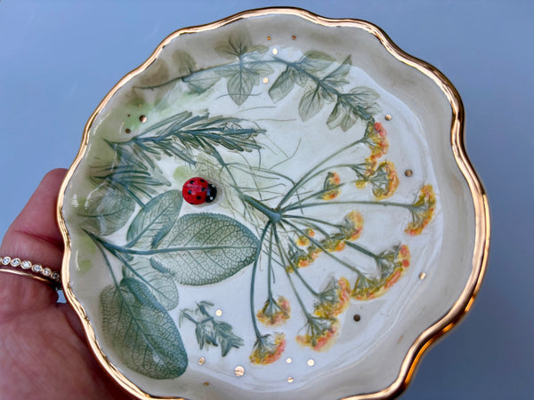 Ladybug with Herb Garden Jewelry Holder, Ceramic Dish with Gold Accents