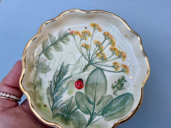 Ladybug with Herb Garden Jewelry Holder, Ceramic Dish with Gold Accents