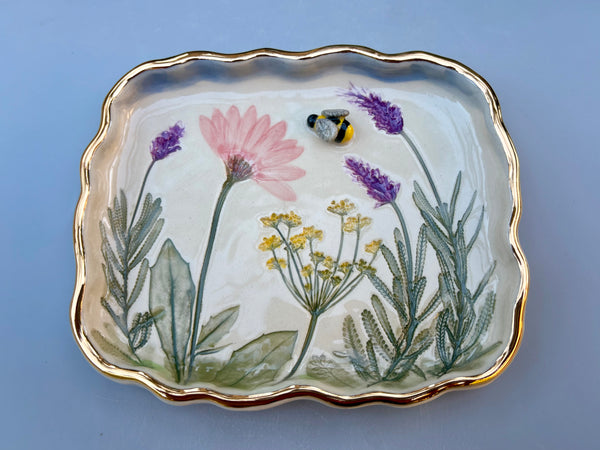 Bumble Bee Fairy Garden Jewelry Holder, Rectangular Ceramic Dish with Gold Accent