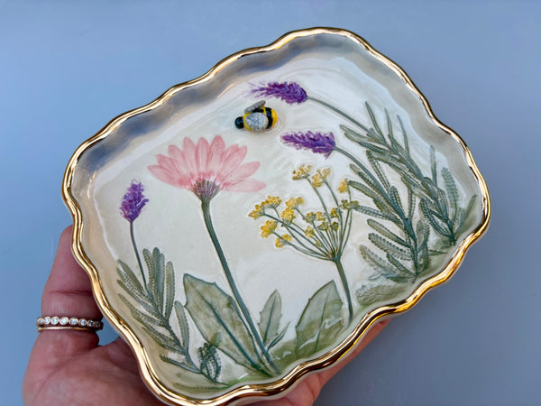 Bumble Bee Fairy Garden Jewelry Holder, Rectangular Ceramic Dish with Gold Accent