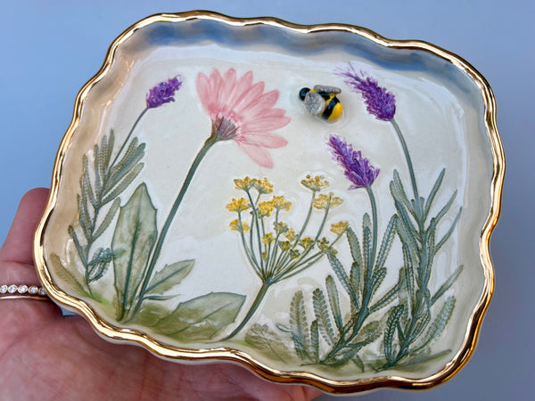 Bumble Bee Fairy Garden Jewelry Holder, Rectangular Ceramic Dish with Gold Accent