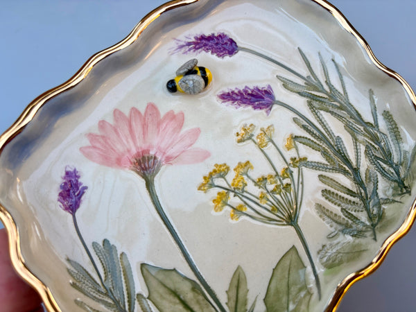 Bumble Bee Fairy Garden Jewelry Holder, Rectangular Ceramic Dish with Gold Accent