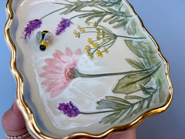 Bumble Bee Fairy Garden Jewelry Holder, Rectangular Ceramic Dish with Gold Accent